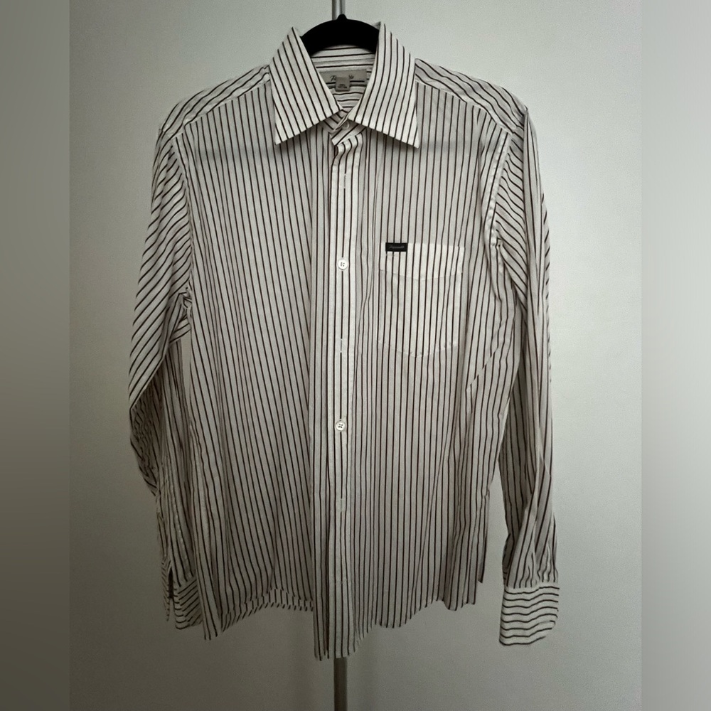 Men’s casual button down dress shirt by Faconnable. White and brown stripe. M